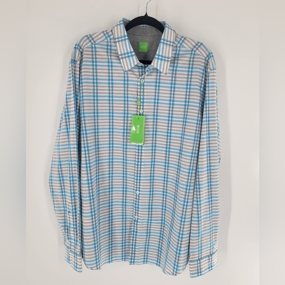 Hugo Boss Modern Fit Blue Plaid Shirt XXL Mens  Long Sleeve New - Picture 1 of 5